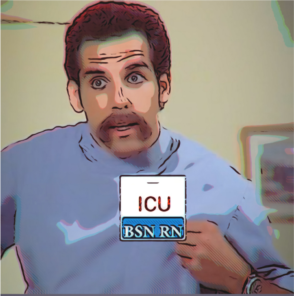 Person wearing a shirt with 'ICU BSN RN' on it, with a stylized background