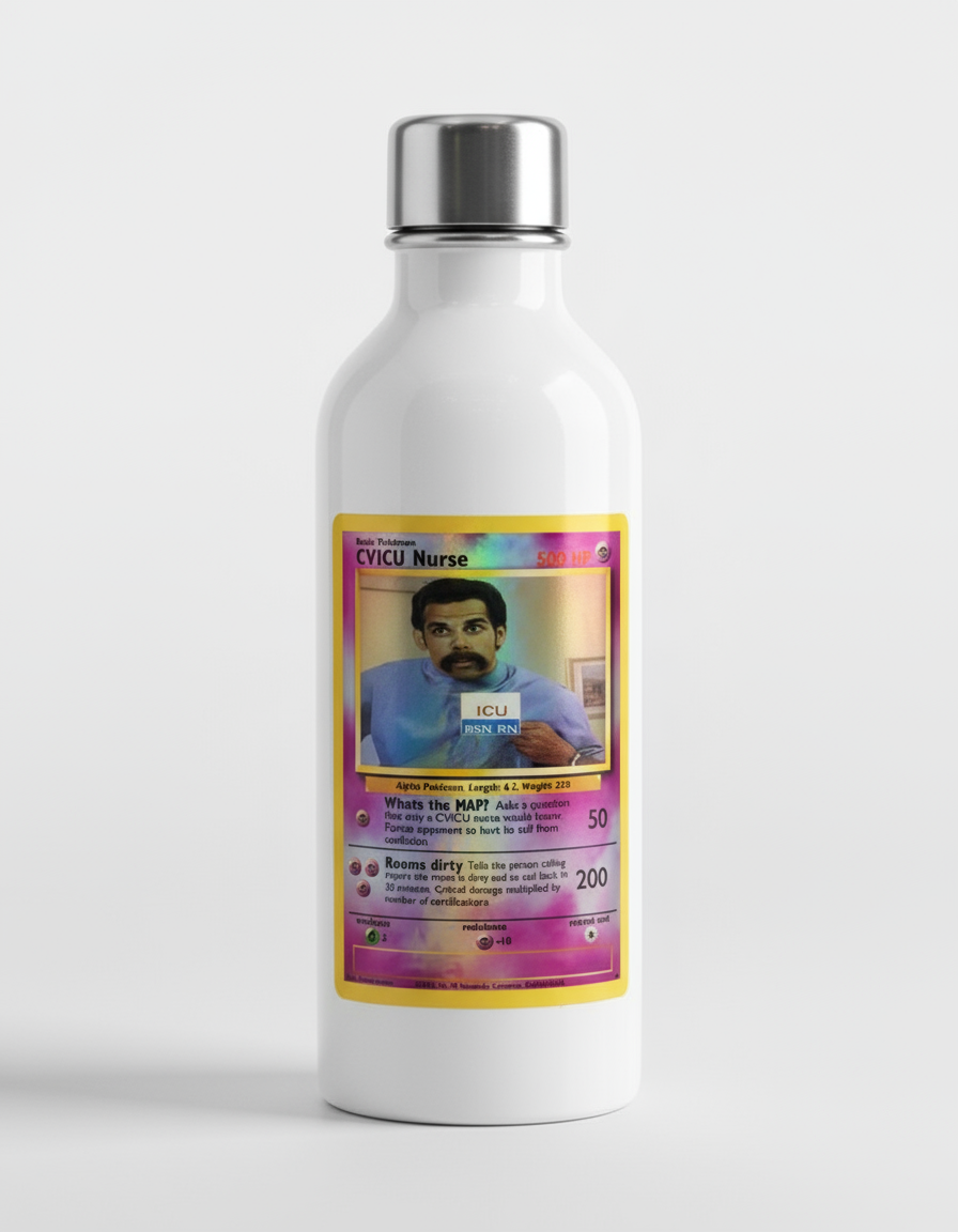 White bottle with a colorful label featuring a person labeled 'ICU Nurse' on a white background